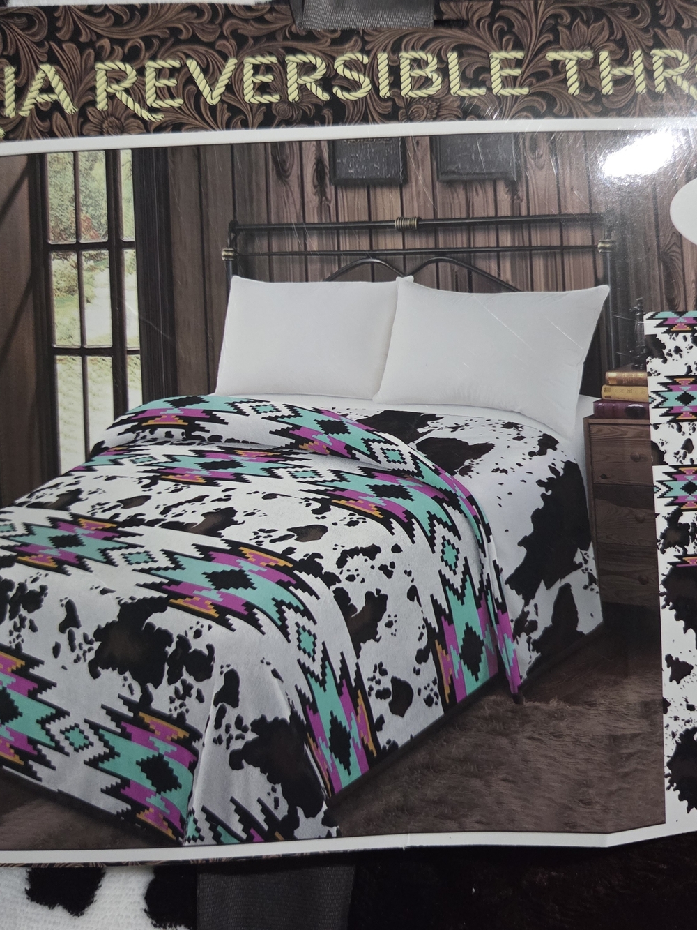 MIA Reversible Cowhide Aztec Comforter - Black, White, Teal & Purple